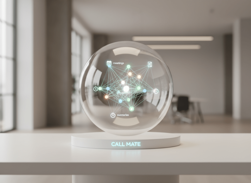 A clean, photographic visualization of an AI “call brain”: a semi-transparent glass sphere resting on a smooth white pedestal desk, its interior filled with interconnected, softly glowing nodes labeled with tiny icons for meetings, follow-ups, deadlines, and summaries. Thin, luminous lines connect these nodes in organized patterns, suggesting structured knowledge rather than chaos. The background is a softly blurred office environment with neutral tones and subtle architectural lines. Soft studio lighting from the upper left creates delicate highlights on the glass surface and a faint shadow on the desk. Captured at eye level with a centered composition, the mood is intelligent, calm, and trustworthy, symbolizing CALL MATE as a professional, always-on companion for organizing work call intelligence.