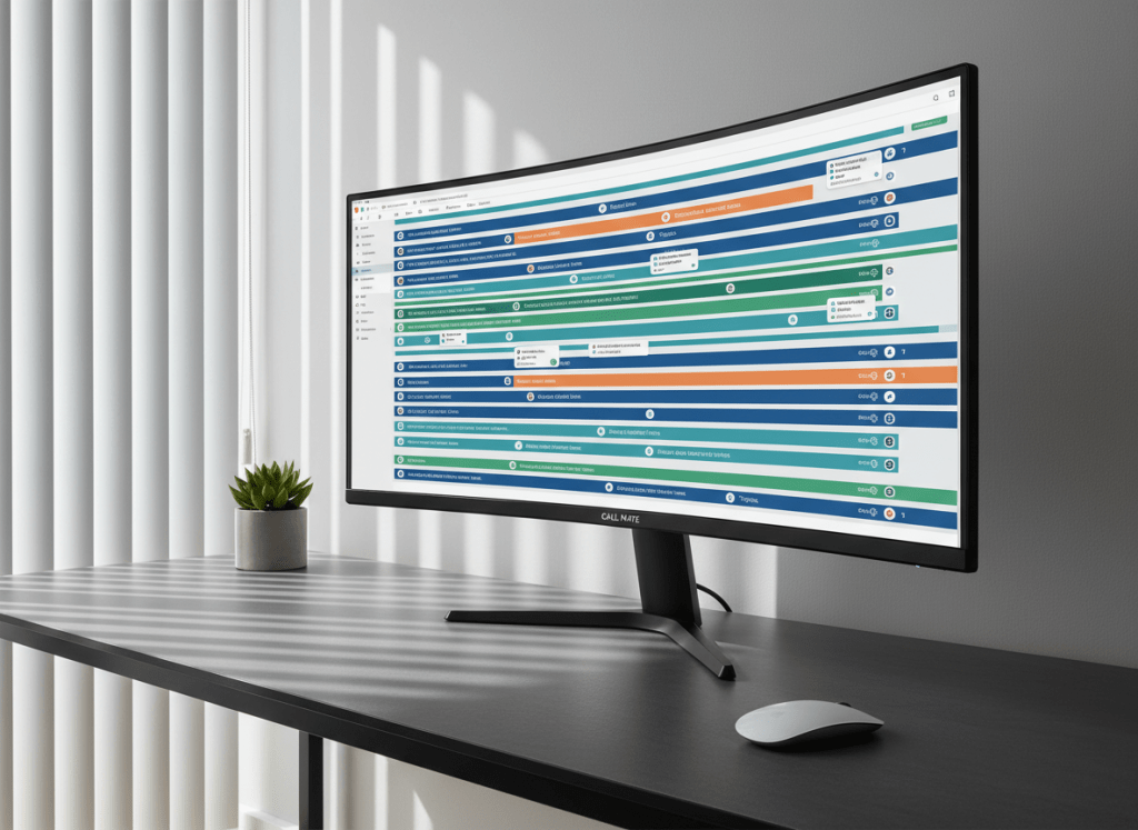 A timeline-style interface displayed on an ultra-wide curved monitor, showing a full-day schedule of recorded work calls as neatly stacked horizontal bars. Each bar is annotated with compact icons for key decisions, action items, and topics, with brief text snippets appearing in small, precise tooltips. The monitor sits on a clean, charcoal-colored desk with a wireless mouse and a single potted plant for a touch of organic contrast. Soft natural daylight filters through vertical blinds, casting rhythmic shadows across the wall and desk. Photographed from a side angle to accentuate the curve of the screen, with crisp detail and a professional, photographic aesthetic, the image conveys order, planning, and the ease of reviewing a day’s conversations at a glance using CALL MATE.