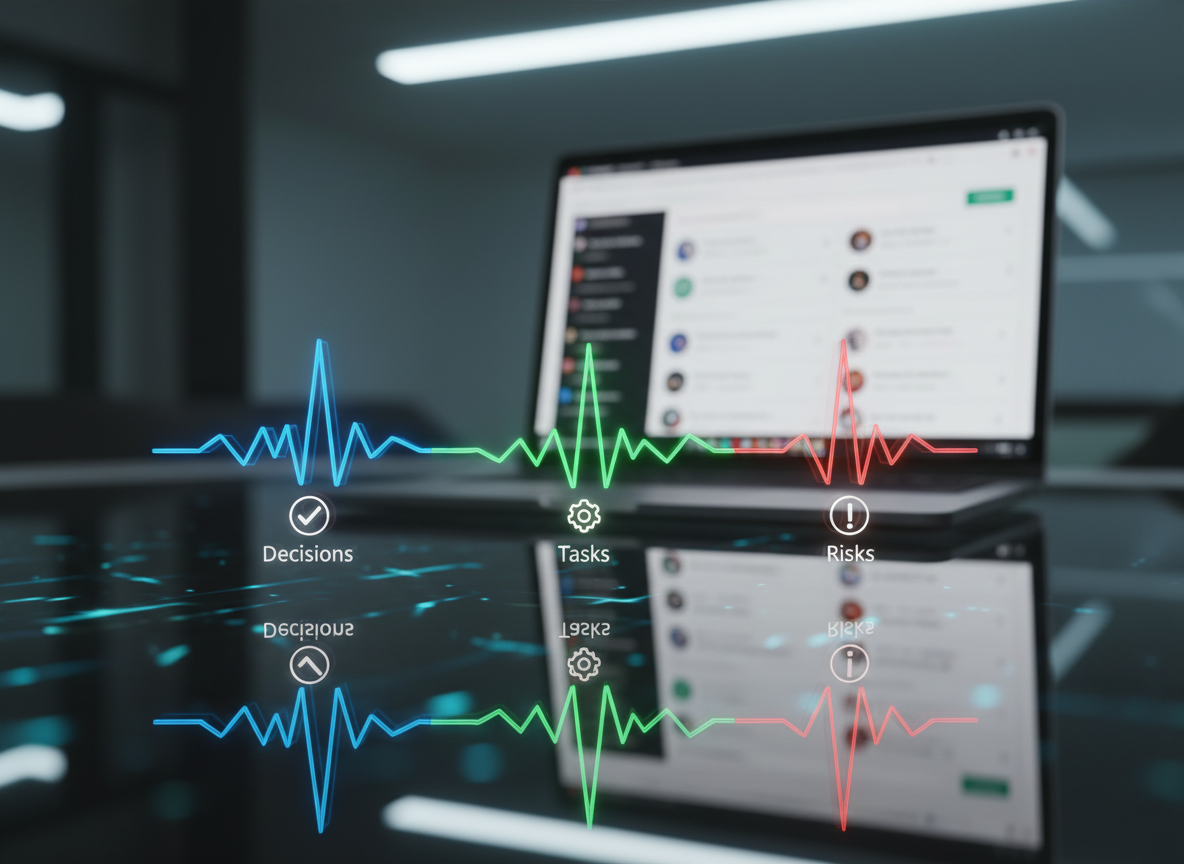 A close-up, photographic shot of a transparent 3D audio waveform floating above a dark glass desk, segmented into distinct color-coded sections labeled with small, glowing icons for decisions, tasks, and risks. Behind it, slightly out of focus, a slim laptop displays a clean interface of organized call summaries and searchable tags. Cool white overhead lighting and the faint glow from the laptop create crisp reflections in the glass, casting subtle gradients of blue and teal across the surface. Captured from a low, cinematic angle with shallow depth of field, the scene feels high-tech yet understated, evoking the quiet power of AI parsing every nuance of a work call into clear, actionable insights.