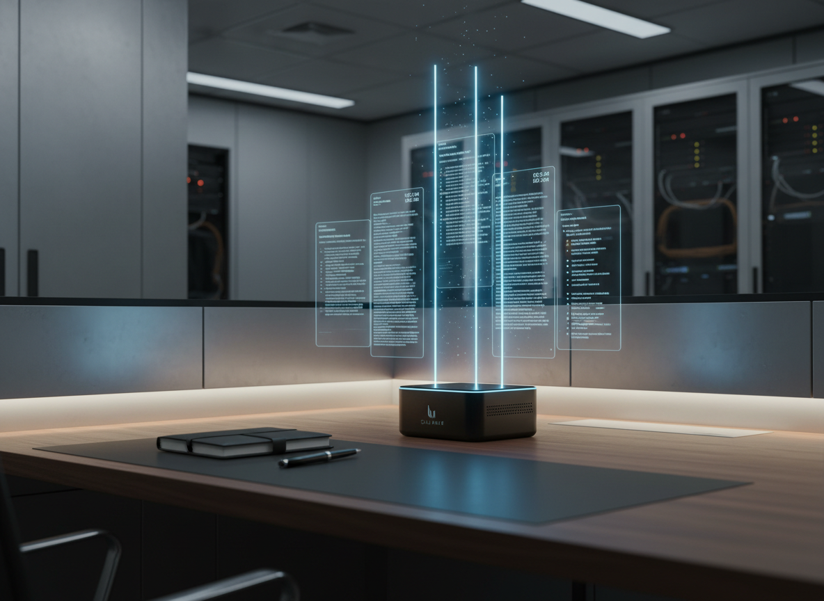 An elegant server-room-inspired corner office setup with a compact black desktop hub emitting thin, vertical beams of soft blue light upward, each beam transforming into translucent panels of text snippets, timestamps, and summarized bullet points suspended in midair. The device sits on a walnut desk with a single closed notebook and a pen, all neatly aligned. Dim, controlled ambient lighting contrasts with the cool glow from the floating data, casting gentle reflections on the polished wood. Photographed from a three-quarter angle with a balanced composition and medium depth of field, the photographic realism creates a sophisticated, almost cinematic atmosphere, illustrating CALL MATE silently extracting and organizing critical information from countless calls in the background.